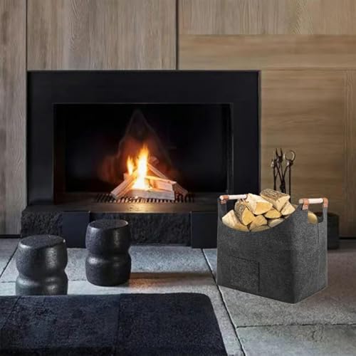Filz Holzkorb - 55x40x32cm grauer Lagerraum, Kamin, tragbarer Griff Protokollhalter | Schwere Holzkiste für Winterlagerung, Wohnzimmer auf Kamintransport
