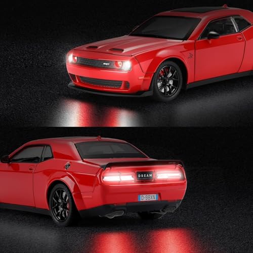 Image of WORSHIPER 1:24 Dodge Challenger SRT Exclusive Alloy Metal Pull Back Die-cast Car Model with Sound Light Mini Auto Toy for Kids for Toy Car with Sound and Light (1:24 Dodge Challenger - Red)