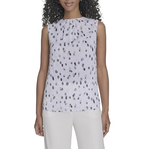 Calvin Klein Women's Pleat Neck Sleeveless Blouse Shirt, White, S