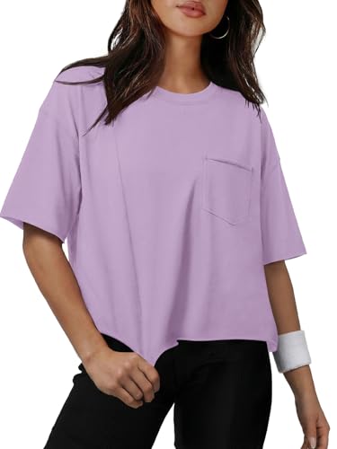 Image of ATHMILE Womens Crop Tops Workout Shirts Gym Oversized Spring Summer Basic Tees Short Sleeve Casual Loose Drop Shoulder 2026