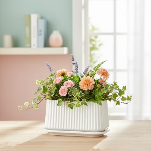 Image of Xtore Contemporary Rectangular Ceramic Planter with Drainage Tray | Ribbed Indoor Flower Pot for Succulents, Herbs, Tabletop Gardens & Modern Home Decor (White, Planter only)