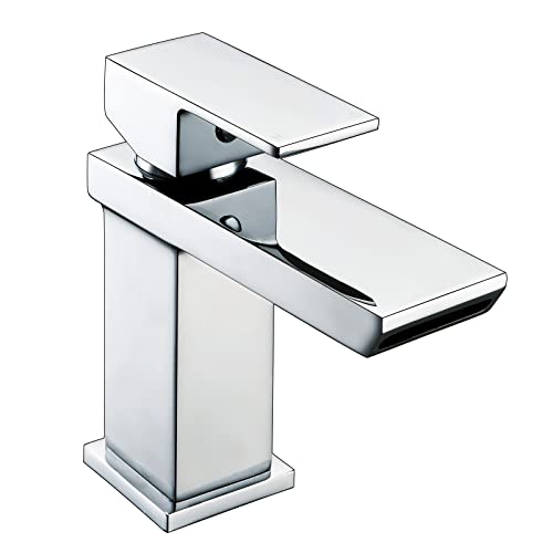 Wasserfall Wasserhahn Bad, Armatur Einhandmischer für Waschbecken, Hochdruck Mischbatterie Waschtischarmatur Einhebelmischer, Messing Verchromt, Eckig Cover