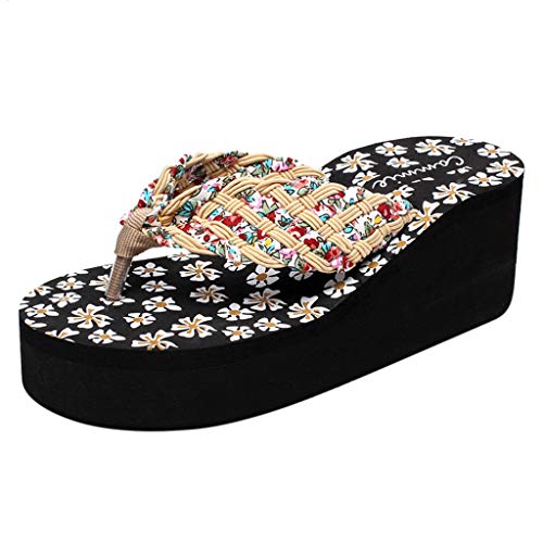 Été Tongs Femme Talon Compensés Pantoufles Semelles Épais Plateforme Désinvolte Bout Ouvert Fille Bohemia Chaussures de Plage Slippers Floral Casual Chic Sunenjoy