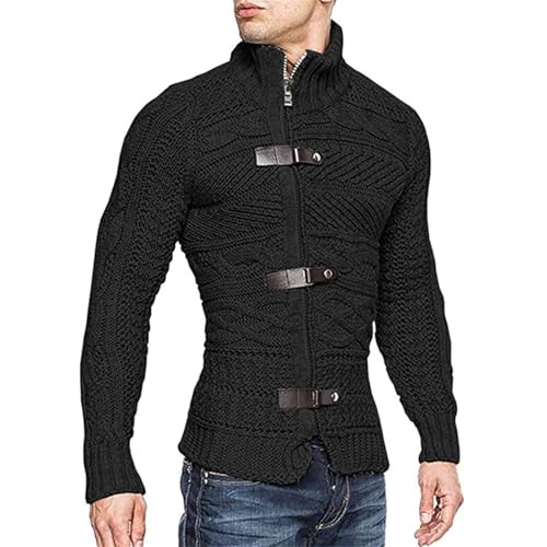 evzosrz Men's Sweater Fall Winter Casual Long Sleeve Cable Knitted Turtleneck Zip Button Front Cardigan Sweaters2
