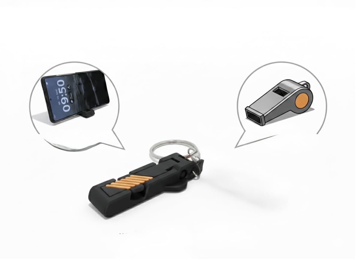 2-in-1 Keychain Mobile Stand with Emergency Whistle, Foldable Portable Mobile Holder for Phone, Compact Pocket Phone Stand for Travel, Desk & Outdoor Use (Black & Orange)-image-9