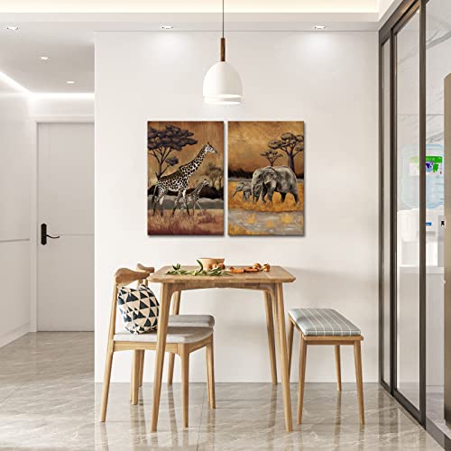 Fushvre Africa Animal Pictures Wall Art 2 Pieces Mom And Baby Giraffe Elephant Painting Vintage Safari Wildlife Artwork For Home Bedroom Living Room Decor #TOP4