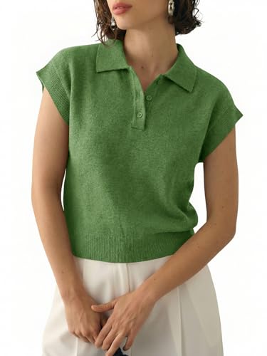 Image of Saodimallsu Womens Cap Short Sleeve Sweater Top Summer Polo Shirts Button Collared Knit Business Casual Pullover Sweater