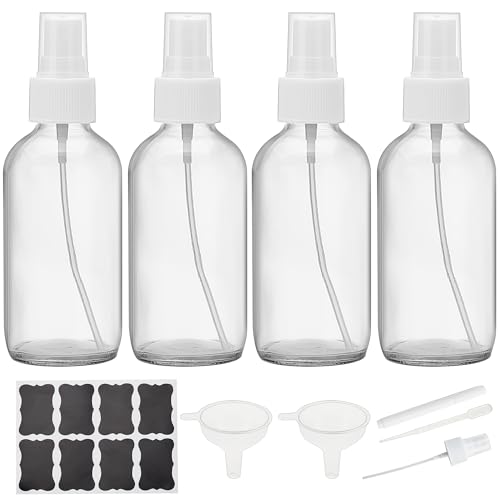 Clear Glass Spray Bottles 4 oz, Small Empty Spray Bottles for Essential Oils, Fine Mist for Face, Hair, Plants, Travel, Perfumes, Cleaning Solutions - 4 Pack