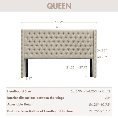 Image of Madison Park Queen Wingback Upholstered Tufted Headboard, Featuring High-Density Sponge Padding, Adjustable Height Headboard, Easy Assembly, Beige Woven