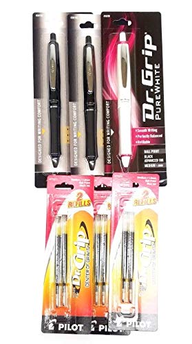 Pilot Dr. Grip (1) Pure White with Red Accents (2) Black Retractable Ball Point Pen, Medium Point, Black Ink, (2) Black Refill Ink (1) Blue Refill Ink