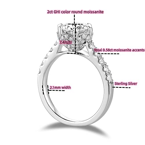 Doveggs Moissanite Engagement Ring For Women 2Ct Center 8Mm Round Cut 2.1Mm Width G-H-I Color Cut Moissanite Flower Style Solitaire 14K Gold Quality Silver Engagement Rings With Accents(7) #TOP4