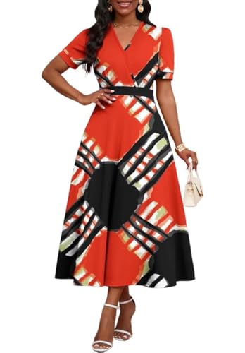 Image of MarryUP Women's Midi Dresses - V Neck Cocktail & Church Tea Dresses - Short Sleeve A-Line Swing Dress