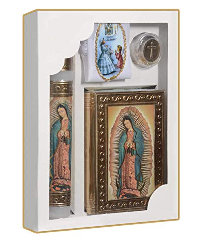 KIT PRIMERA COMUNION REPUJADO VIRGEN GUADALUPE CALIZ PLATA First Communion Set