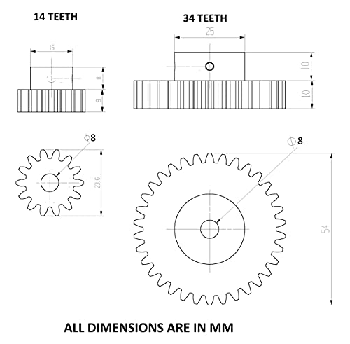 Image of INVENTO 2pcs 3D Printed Plastic Spur Gear 14 Teeth + 34 Teeth, 1.5 Module, 10mm Width, 8mm hole for DIY Projects