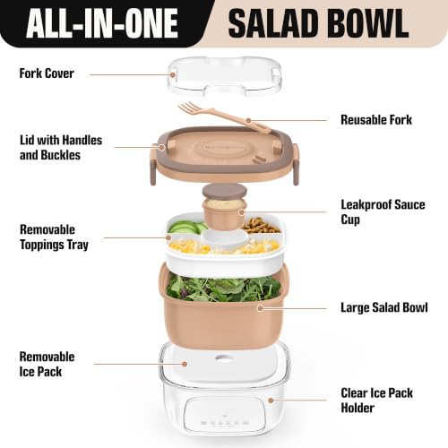 Image of Salad Container with Ice Pack & Handle, 6.8 Cup / 1600ml Large Portable Salad Bowl Lunch Box with Lid, Fork Holder & Sauce Cup, 4-Compartment Removable Tray Meal Prep Bento Box, Brown