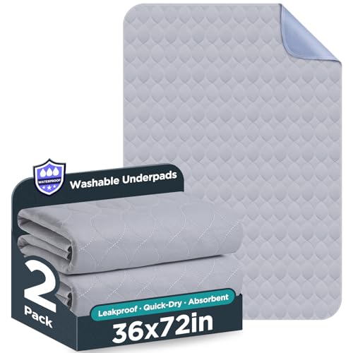 Washable Bed Pads 36' x 72' - 2 Pack, Grey, Waterproof Bed Pads for Incontinence, Bed Wetting Pads...