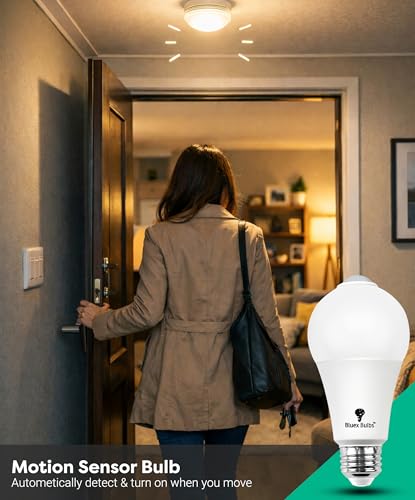 Image of Bluex Bulbs 3 Pack Motion Sensor LED Light Bulb A21, 15W 1300 Lumens, Daylight 5000K, Automatic On /Off Security Light, E26 Medium Base Indoor & Outdoor Use, 120V (4000K - Cool White)