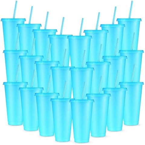 Amyhill 24 Pcs Reusable Cups with Lids and Straws 24 oz Glitter Iced Coffee Tumbler Plastic Travel Mug Cup for Smoothie Juices Birthday Sleepover Party Supplies for Girls (Light Blue) Cover