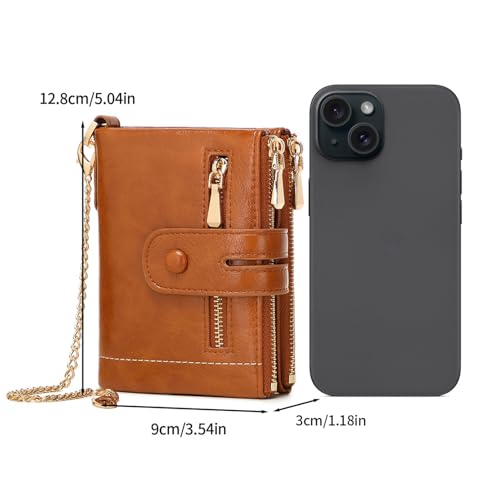 Image of AOXONEL Wallets for Women Small Rfid Bifold Leather Ladies Wallet,Travel Billfolds Medium Size Card Holder with Removable Wristlet Chain,Multi-Card Slots,ID Window,Double Zipper Coin Pocket (Brown)