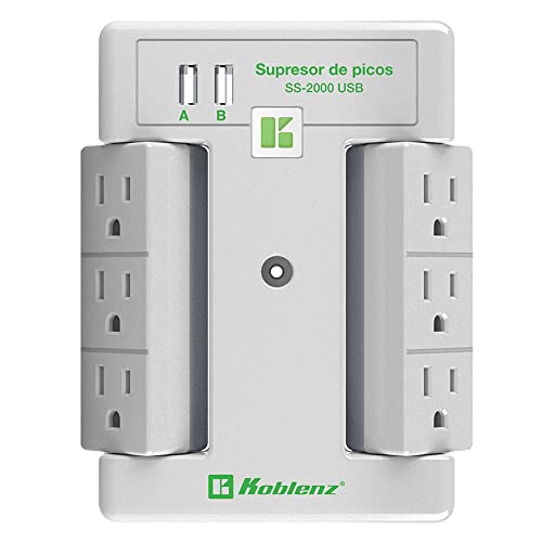 Protección Eléctrica, Personal Computer Koblenz Supresor de Picos Multicontacto Pared, Protección de 2000 Joules, 6 Contactos Giratorios, 1 LED, 2 Puertos USB 2.4A, Protección Platinum, SS-2000 USB,...