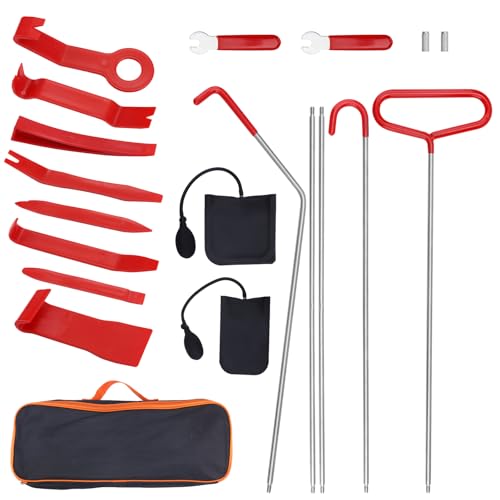 20pcs Car Tool Kit, Includes 68in Long Reach J Hook Pin Pull Hook, Air Wedge Bag Pump, Auto Trim Removal Tool Set and Carrying Bag, Lockout Kits Automotive for Vehicles Repair and Emergency