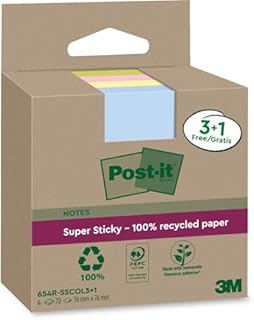Post-it Super przylepne 100% karteczki z recyklingu, różne kolory, 76 mm x 76 mm, 70 arkuszy/podkładka, 3 + 1 darmowe podkładki/opakowanie