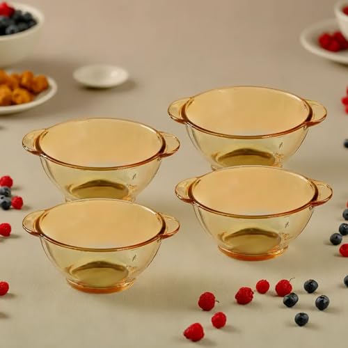 Image of The Better Home Set of 4 Borosilicate Glass Bowls | 450 ml Each | Microwave Safe | Scratch Resistant | Serving & Mixing Bowls for Kitchen | Round | Transparent | Amber