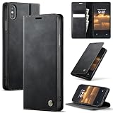 Cracedily Handyhülle für iPhone XS Max Hülle Premium PU Leder Klappbar Stoßfeste Tasche Flip Hülle [RFID Blocker] Magnet Kartenfach Standfunktion Klapphülle Schutzhülle für iPhone XS Max, Schwarz