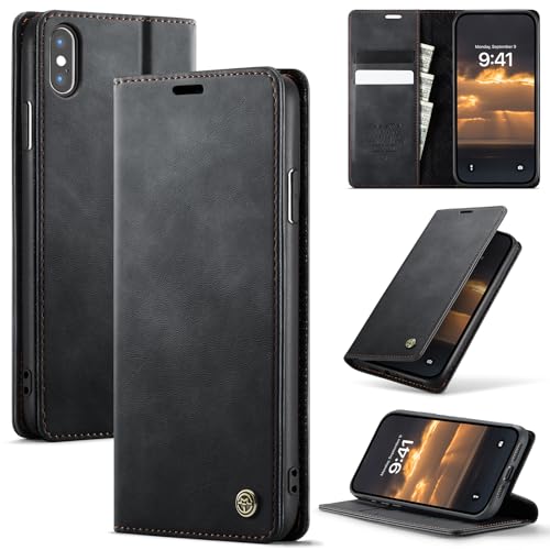 Cracedily Handyhülle für iPhone XS Max Hülle Premium PU Leder Klappbar Stoßfeste Tasche Flip Hülle [RFID Blocker] Magnet Kartenfach Standfunktion Klapphülle Schutzhülle für iPhone XS Max, Schwarz