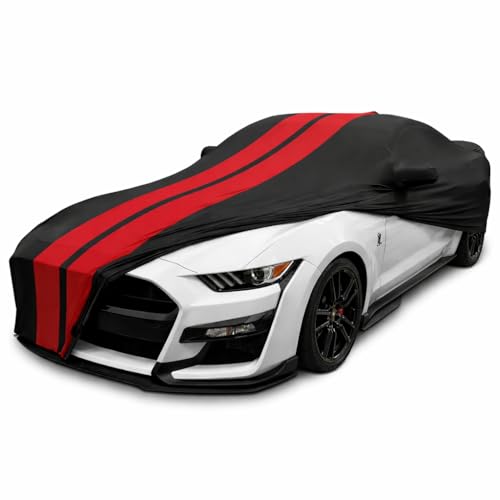 Image of SR1 Performance USA Mustang Indoor Car Cover 2005-2024 - Ultraguard Stretch Satin Custom Fit, Dust Cover, Breathable Scratch-Resistant Sport Series Stripe (Black /Red)