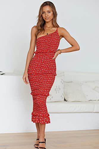 Image of PRETTYGARDEN Women's Summer Midi Bodycon Dresses One Shoulder Strappy Tiered Ruffle Floral Boho Sun Dress