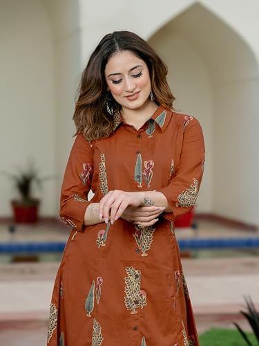 Image of Arayna Women's Pure Cotton Printed A-Line Kurta Set with Pants | Button-Down Collar Kurta