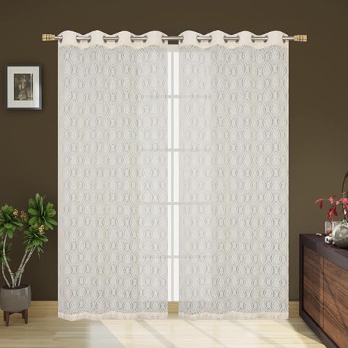 Image of Fabrilia Polyester Sheer Net Damask Design Semi Transparent Eyelet Door Curtains 7 feet Long Set of 2- Cream