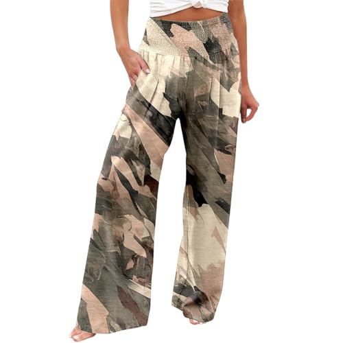 Wide Leg Linen Pants for Women High Waist Tropical Print Loose Flowy Palazzo Pants Casual Pull On Trousers with Pockets