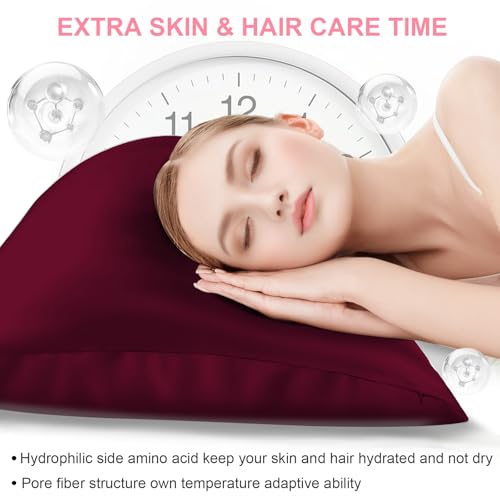 Mulberry Silk Pillow Cases Queen Size with Hidden Zipper, Ultra Smooth and Soft Breathable Cooling Silk Satin Pillowcase for Hair and Skin, Gifts for Women Men (Burgundy Red, 20x30 Inches, 1 Pack)
