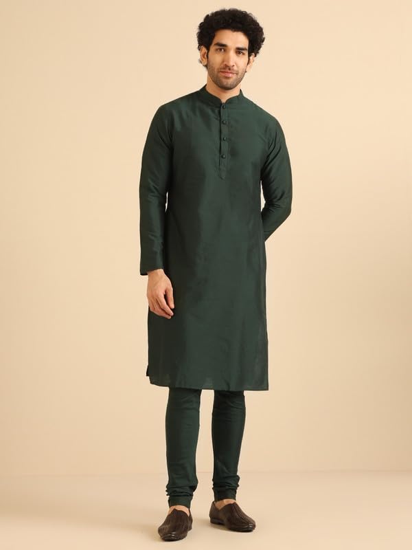 Image of KISAH Men's Kurta Jacket Churidar Set, Bottle Green Silk Blend, Embroidered Regular Fit Mandarin Collar Long Sleeves