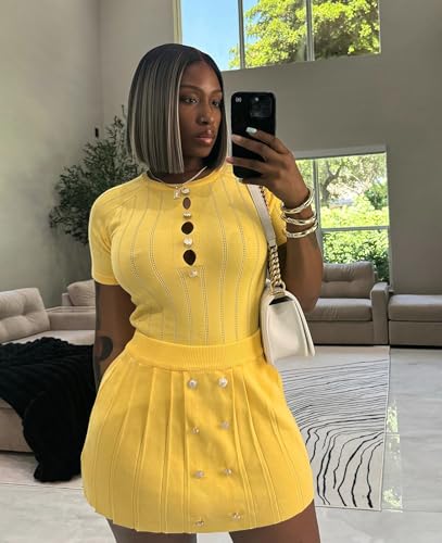 Image of Two Piece Outfits for Women Summer Going Out Knit Crop Tops Pleated Mini Skirt Sets Short Sleeve Mini Dress
