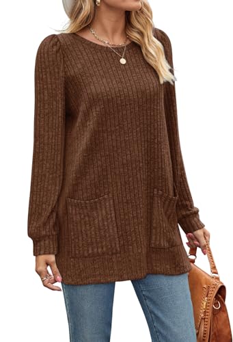 Image of OFEEFAN Long Sleeve Shirts for Women Long Sweaters with Pockets Tunic Tops Loose Fit