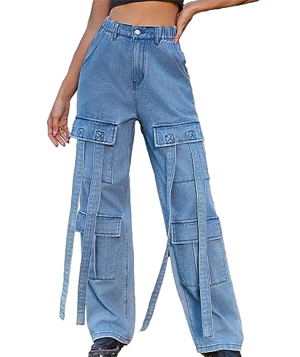 xxxiticat Women's Cargo Jean Pants Casual High Waist Long Ribbon Multi Pockets Wide Leg Baggy Denim Trousers with Pockets