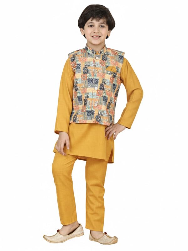 Image of superminis Boys Cotton Printed Full Sleeves Kurta Pyjama with Jacket Ethnic Wear Set
