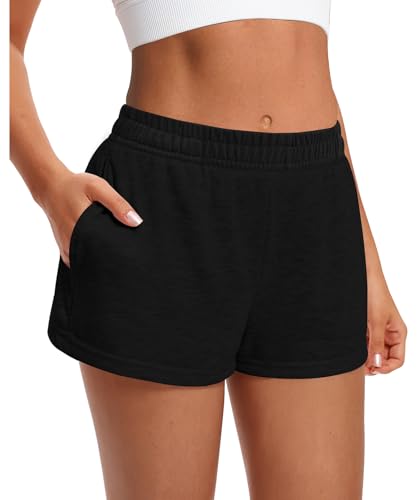 Coloquin Womens Running Shorts Elastic High Waist Cotton Gym Jogger Lounge Sweat Shorts with Pockets Black XS