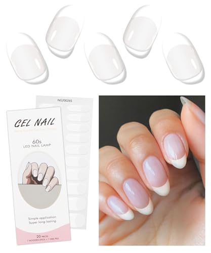 JMEOWIO Gel Nail Stickers Beige French Tip Semi Cured Gel Nail Strips Wraps UV/LED Nails Art Design Decoration Accessories