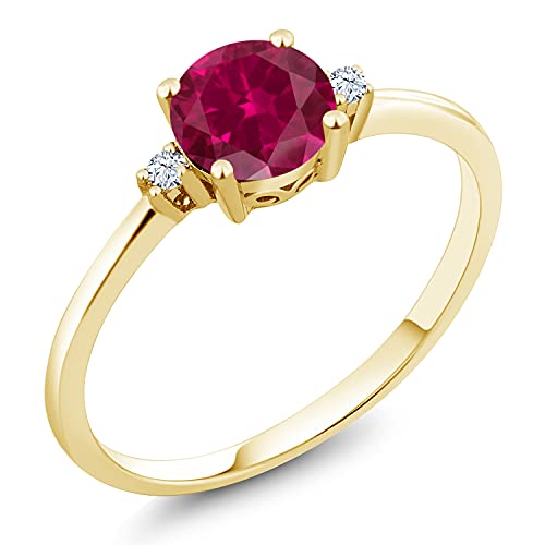 Gem Stone King 10K Yellow Gold Red Created Ruby and White Created Sapphire Solitaire Engagement Ring For Women (1.03 Cttw, Round 6MM, Gemstone July Birthstone, Available in Size 5,6,7,8,9)