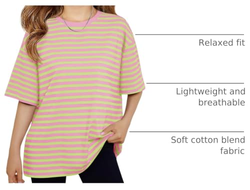 Image of Haloumoning Girls Striped Short Sleeve T Shirts Kids Summer Oversized Tops Casual Crewneck Tees 5-14 Years
