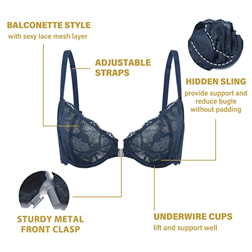 Delimira Women's Balconette Push Up Bra Front Closure Lace Sexy Underwire Bras Sargasso 42Dd #TOP1