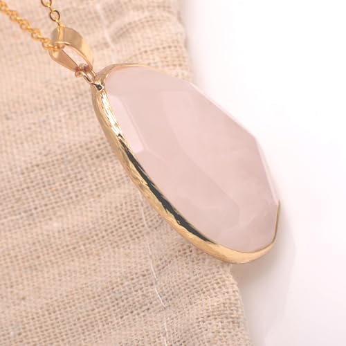 Paialco Faceted Cut Natural Rose Quartz Crystal Big Flat Drop Pendant Necklace, Yellow Gold Gilt4