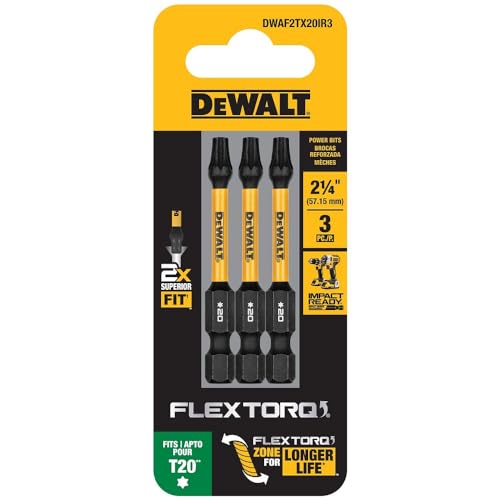 DEWALT FLEXTORQ Torx T20 Bits 3Pk, 1/4 x 2-1/4in for Impact Drivers & Drills, Hex Shank (DWAF2TX20IR3)