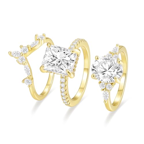 3ct Marquise Engagement Ring for Women 14K Gold Plated Stackable Wedding Rings Set for Her 4ct Radiant Pear Oval Cut Eternity CZ Wedding Bands Size 4-10