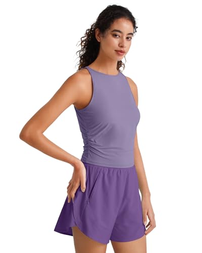 Image of G4Free Skimetic Workout Tank Tops for Women Side Ruched Sleeveless High Neck Crop Top Summer Athletic Gym Shirts