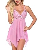 Avidlove Lingerie for Women V Neck Sleepwear Mesh Negligee Sexy Babydoll Dress(Pink,L)
